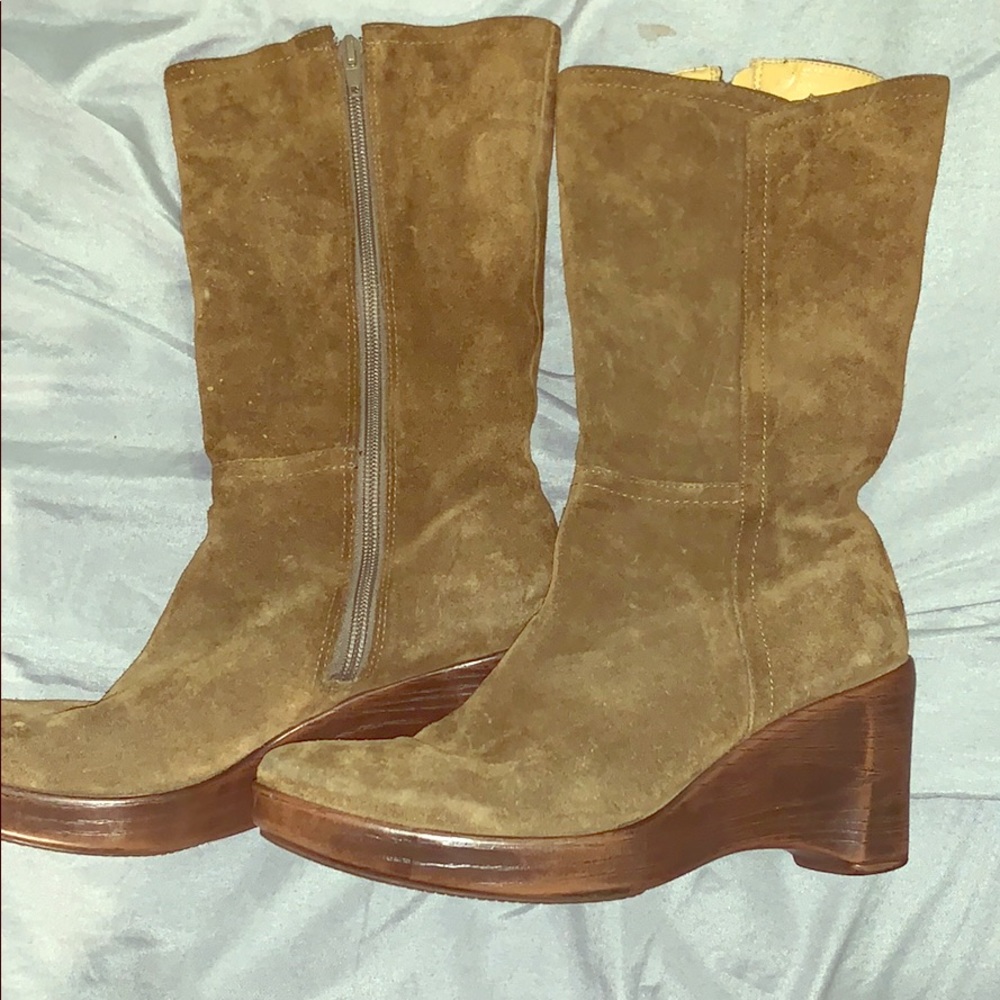 Olive/Army green genuine leather suede wedge boots
